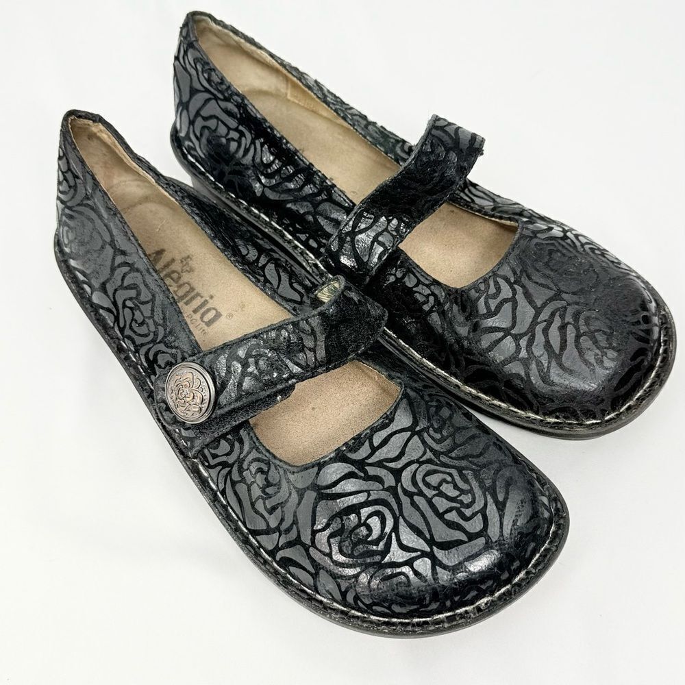 Alegria FELIZ Black Shiny Rose Pattern Orthotic Mary Jane Support Shoes